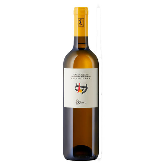 La Sibilla Falanghina white wine bottle with yellow cap and amber glass