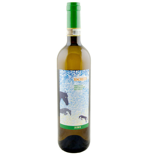La Staffa Verdicchio wine bottle with green cap and blue illustrated label
