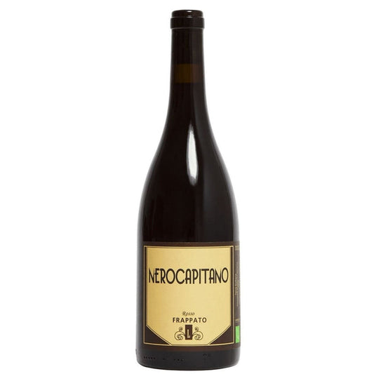 Wine bottle front view with NERO CAPITANO label, FRAPPATO wording, black cap.