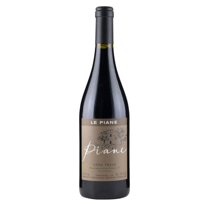 Le Piane Rosso red wine bottle, 2018, dark glass with cream label