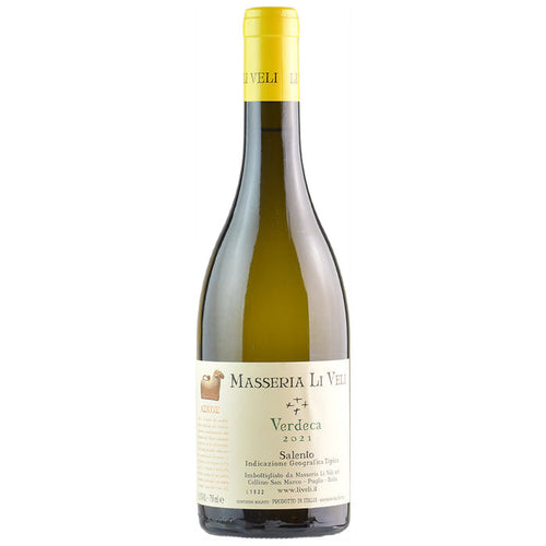 Li Veli Verdeca 2022 white wine bottle with yellow cap and front label