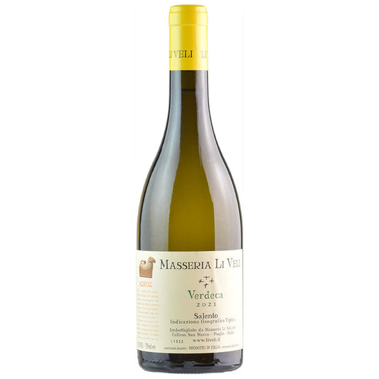 Li Veli Verdeca 2022 white wine bottle with yellow cap and front label