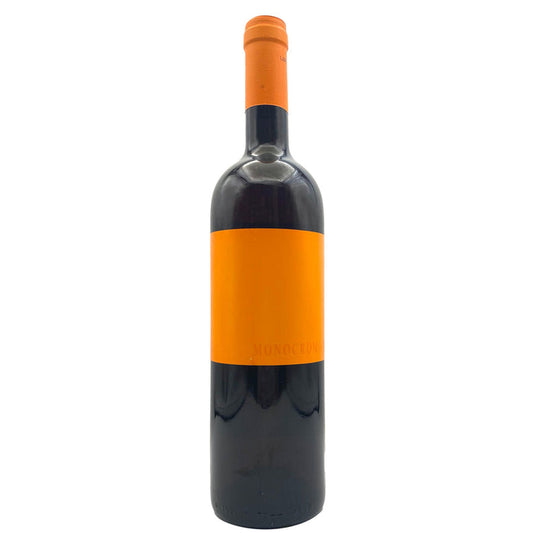 Wine bottle with orange cap and label, dark glass body