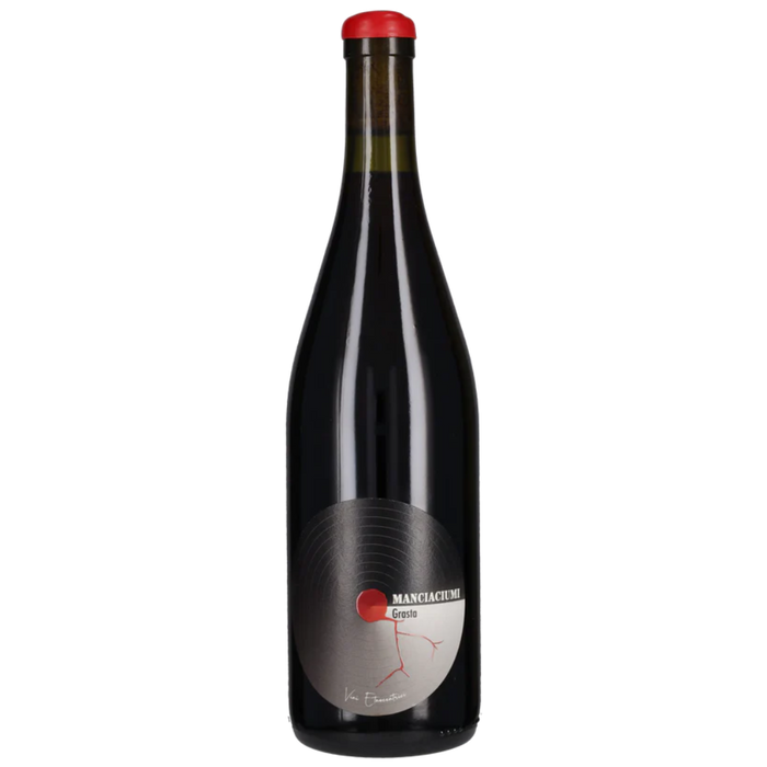 Dark glass red wine bottle with red cap and round label, Manciaciumi Grasta Red 2022