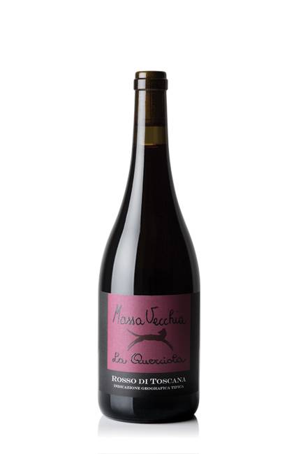 Sangiovese wine bottle with dark glass and pink label, vintage 2022