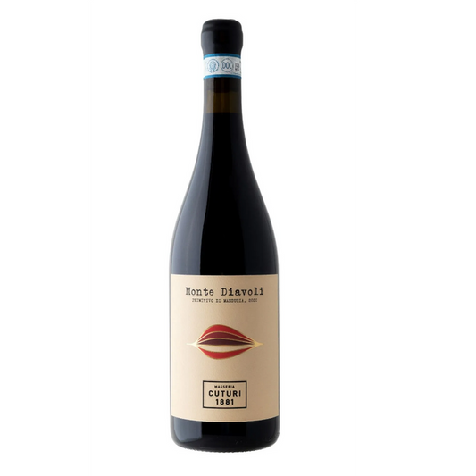 Wine bottle with dark glass, black cap, and beige Monte Diavoli label