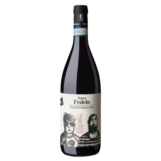 Wine bottle with dark red foil and illustrated front label