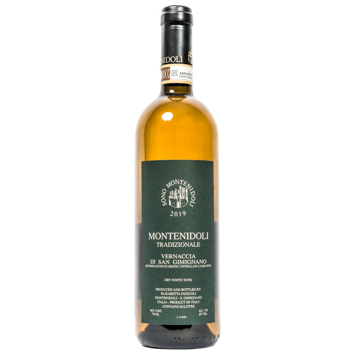 Montenidoli Vernaccia wine bottle with foil cap, front label and amber glass