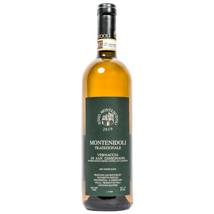 Montenidoli Vernaccia wine bottle with foil cap, front label and amber glass