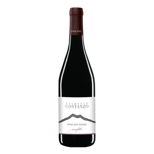 Palmento Costanzo red wine bottle, dark glass with cream label and foil neck