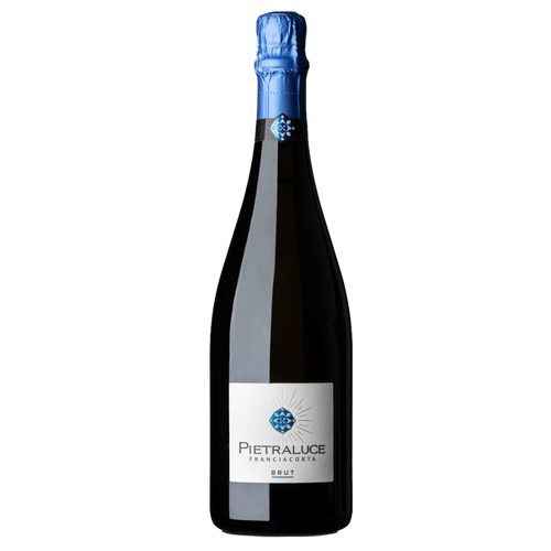 Pietraluce Franciacorta Brut NV sparkling wine bottle with blue foil top