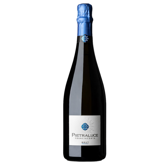 Pietraluce Franciacorta Brut NV sparkling wine bottle with blue foil top