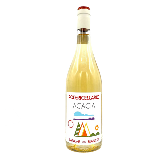 Poderi Cellario Acacia Langhe Bianco white wine bottle, colorful label
