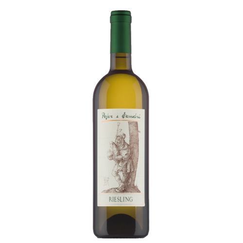 Green Riesling wine bottle with cream label and 'RIESLING' text.