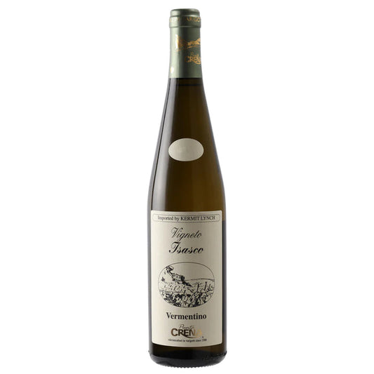 2021 Vermentino wine bottle in green glass with beige label and gold cap