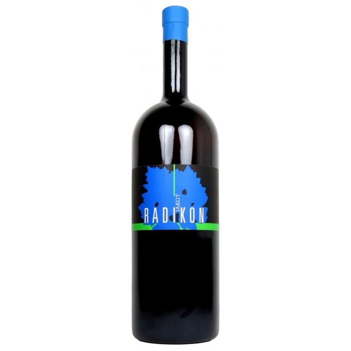 Radikon Jakot Bianco 2020 wine bottle, dark glass with blue cap and label