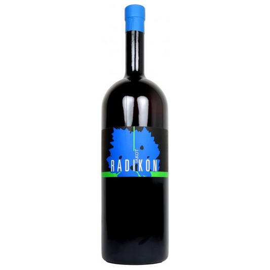Radikon Jakot Bianco 2020 wine bottle, dark glass with blue cap and label
