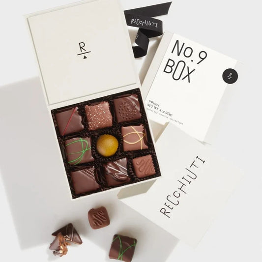 Recchiuti No. 9 box of assorted chocolate candies in open gift box