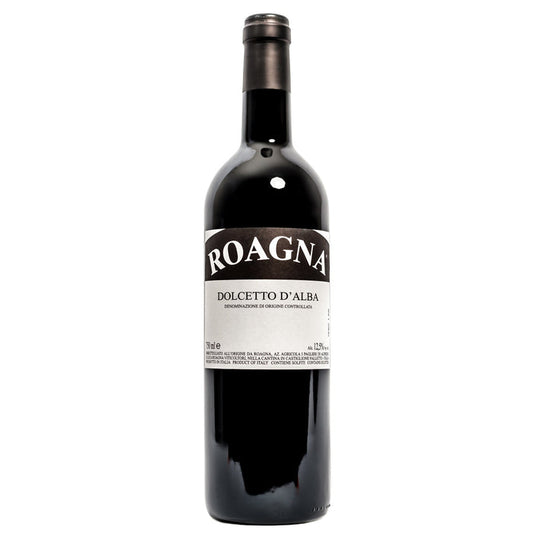 Roagna Dolcetto d'Alba 2024 wine bottle, dark label with front logo and foil top