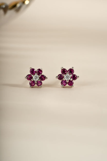 Ruby Flower Stud W/ CZ Center Stone