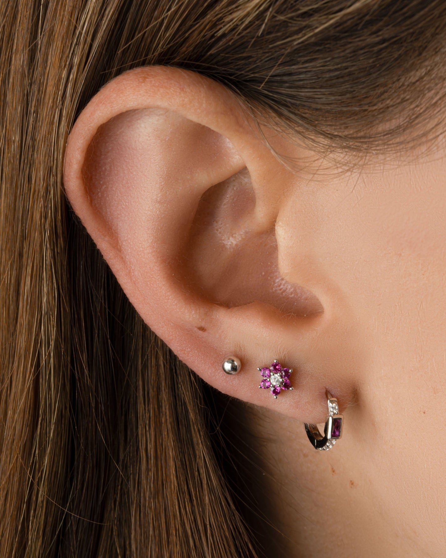 Ruby Flower Stud W/ CZ Center Stone