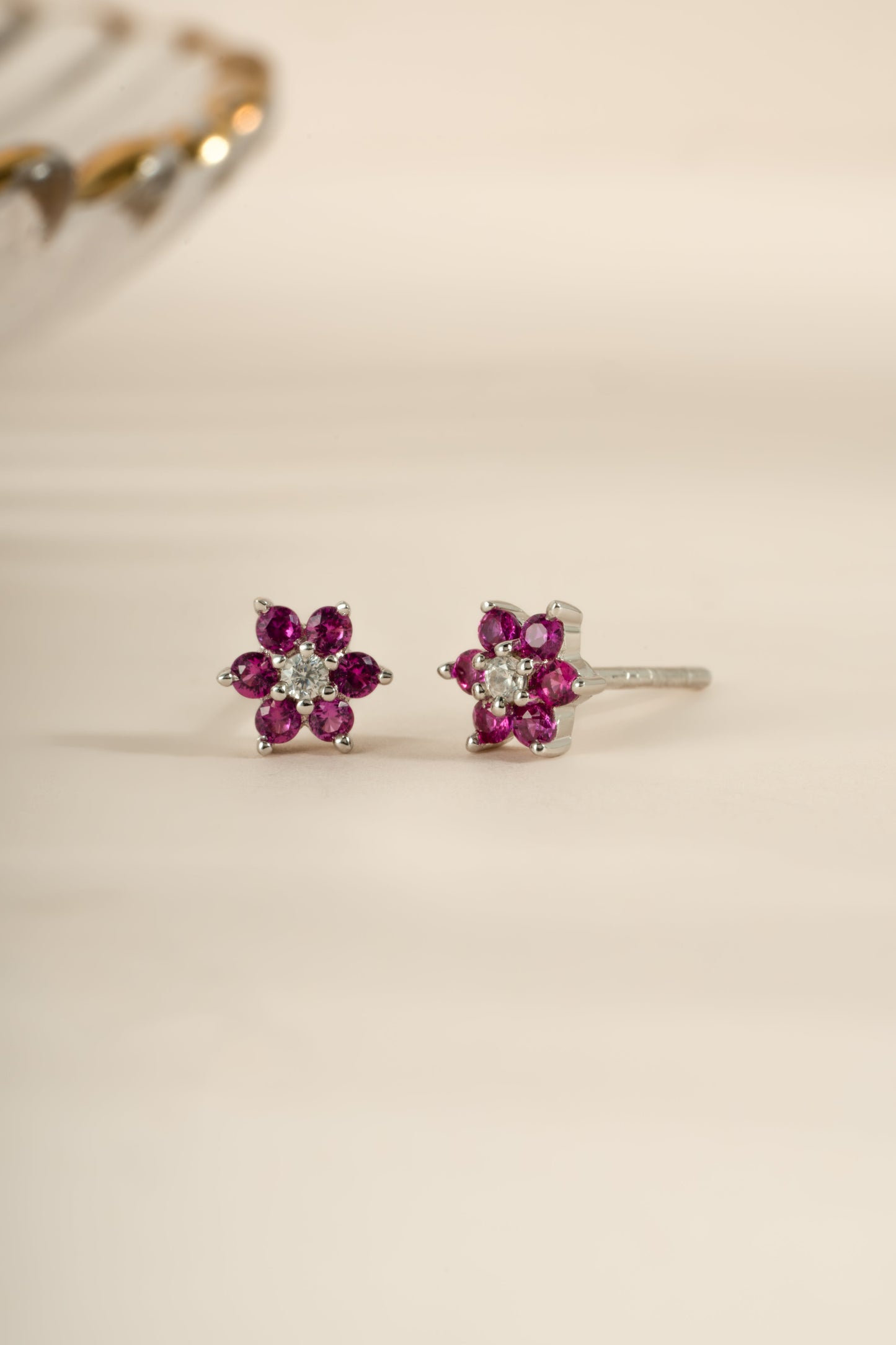 Ruby Flower Stud W/ CZ Center Stone