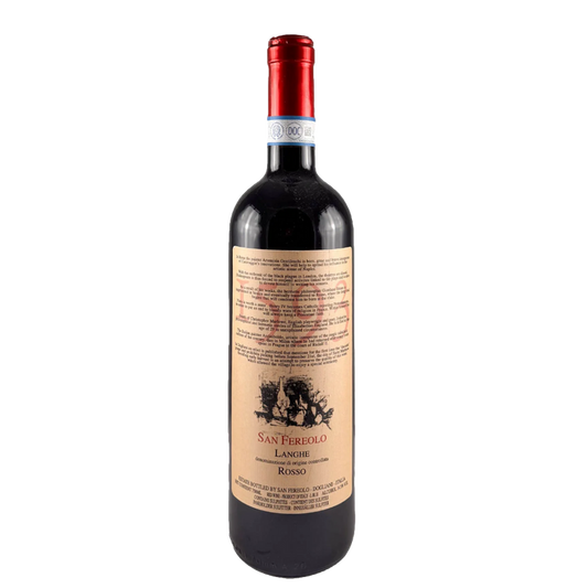 San Fereolo wine bottle with dark glass, red foil, cream label, '1593' and 2011