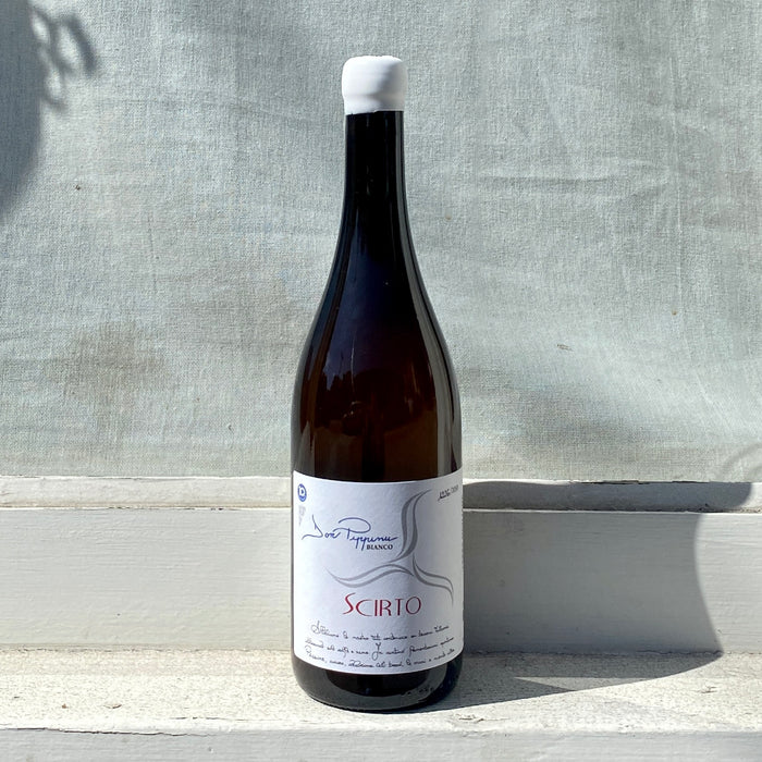2019 Carricante wine bottle front label view with dark glass