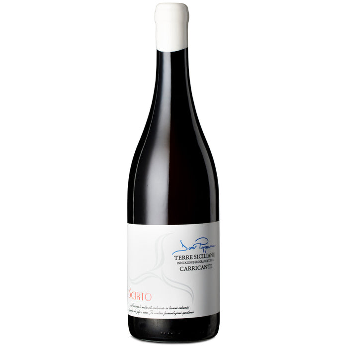 2019 Carricante wine bottle with white label and dark glass
