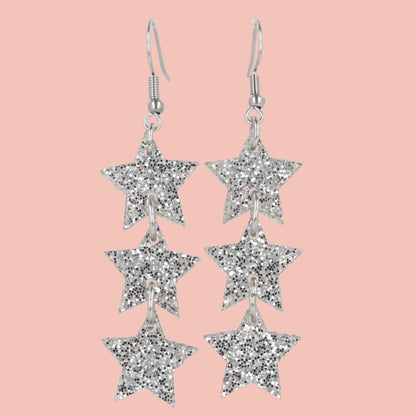 Silver Glitter Star Trio Earrings