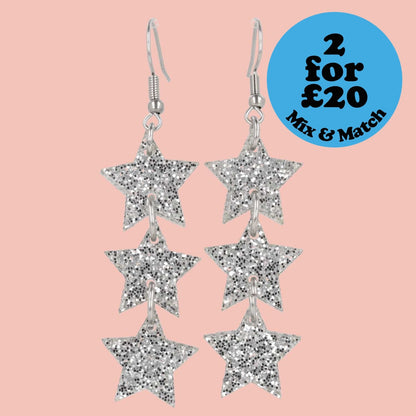 Silver Glitter Star Trio Earrings