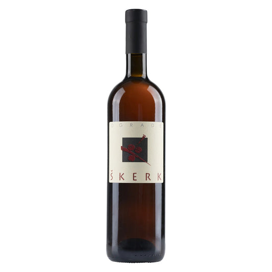 Wine bottle with amber liquid, black cap, and white label with red rose design