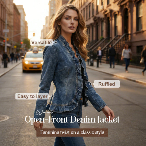 üß• LIMITED-TIME 49% OFF! ‚ú® Women's Denim Jacket ‚Äì Open-Front, Ruffle Trim, Lightweight, Classic Wash ‚ú®