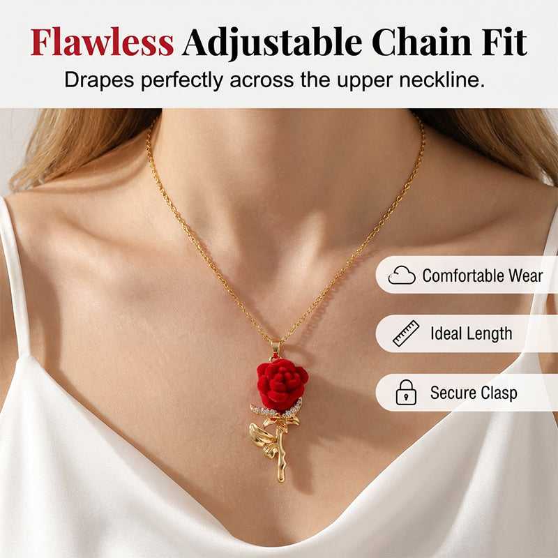 ‚ú® Elegant Red Rose Pendant Necklace ‚Äì Velvet Bloom, Crystal Accents, Gold-Tone ‚ú®