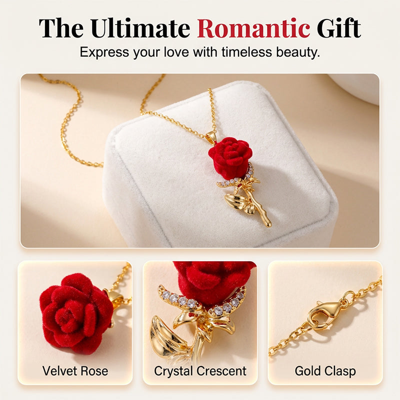 ‚ú® Elegant Red Rose Pendant Necklace ‚Äì Velvet Bloom, Crystal Accents, Gold-Tone ‚ú®