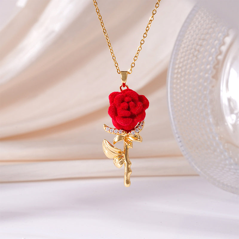 ‚ú® Elegant Red Rose Pendant Necklace ‚Äì Velvet Bloom, Crystal Accents, Gold-Tone ‚ú®