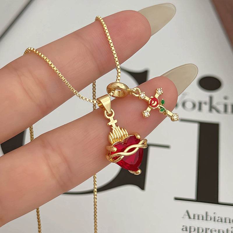 üíñSacred Heart & Rose Cross Pendant Necklace