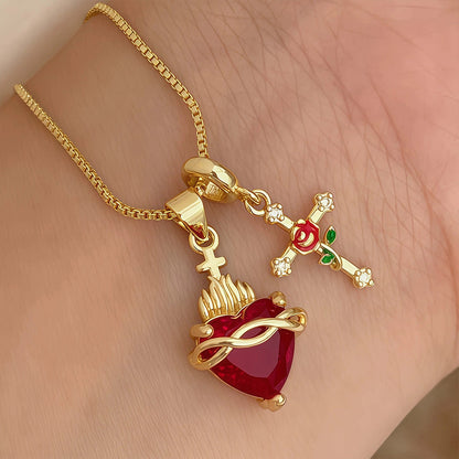 üíñSacred Heart & Rose Cross Pendant Necklace
