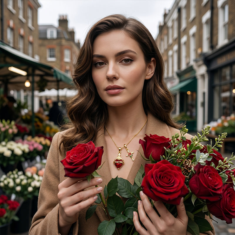 üíñSacred Heart & Rose Cross Pendant Necklace