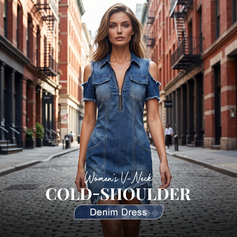 Women's Cold-Shoulder Denim Dress ‚Äì V-Neck, Flowy, Boho üåº