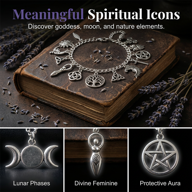 üìø LIMITED-TIME 30% OFF! ‚ú® Vintage Pagan Charm Bracelet ‚Äì Spiritual Symbols, Antique Silver, Bohemian Style üåô