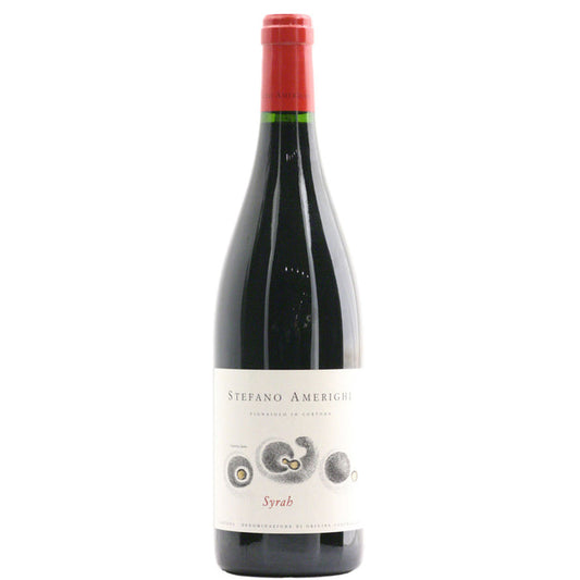 Stefano Amerighi Syrah wine bottle with red foil cap and dark glass