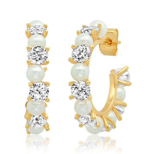 Medium Pearl And Cz Gold Hoops
