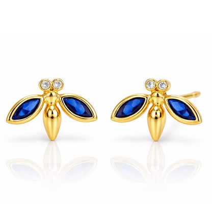 Simple Gold Bee Studs Accented With Montana Blue Stones