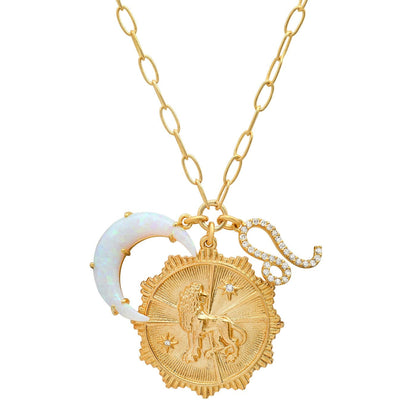 Opal Crescent Zodiac Charm Pendant Necklace