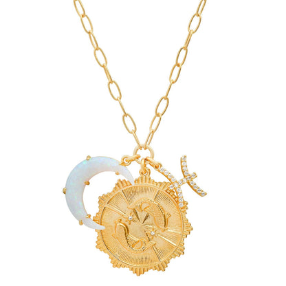 Opal Crescent Zodiac Charm Pendant Necklace
