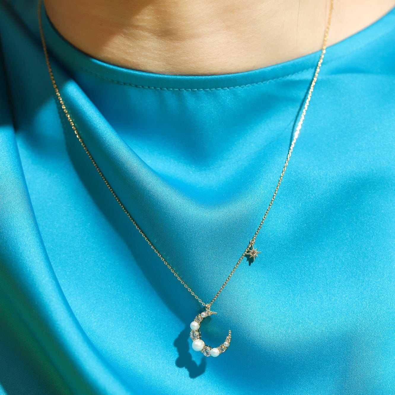 Pearl and CZ Crescent Moon Pendant