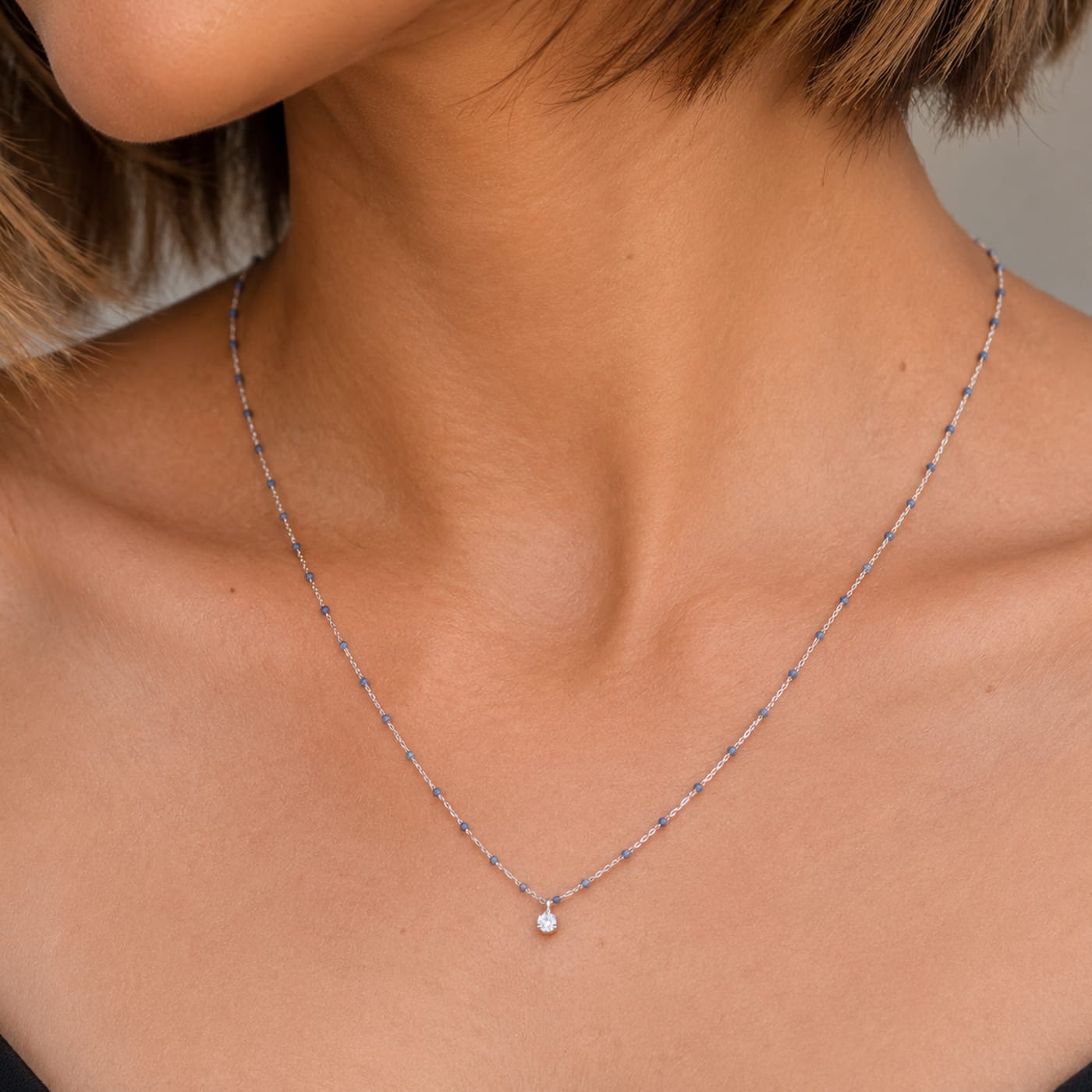 Sterling Silver Enamel Beaded Necklace With CZ