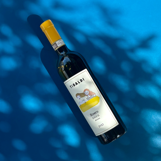 Tibaldi Roero Arneis 2023 wine bottle with yellow cap and light label